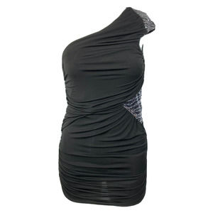 Banana Monkey Dress Womens Sz S Black Bodycon‎ Sequins One Shoulder Ruched Mini